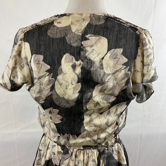Halston Heritage Dress S Gray Cream Floral Elastic Waist Tiered Butterfly Sleeve - Picture 11 of 14
